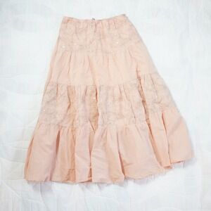 VTG Y2K Privilege Peach Tiered Embroidered Sequin Maxi Skirt L Sparkle Fairy